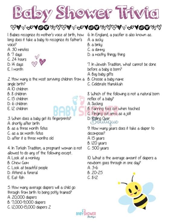 Baby Shower Trivia Baby Shower Game PURPLE Fun Detailed