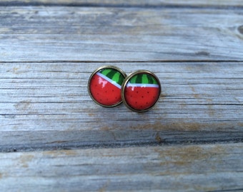 Watermelon earrings, stud earrings, Fruit stud earrings, cabochon earrings, 12mm earrings