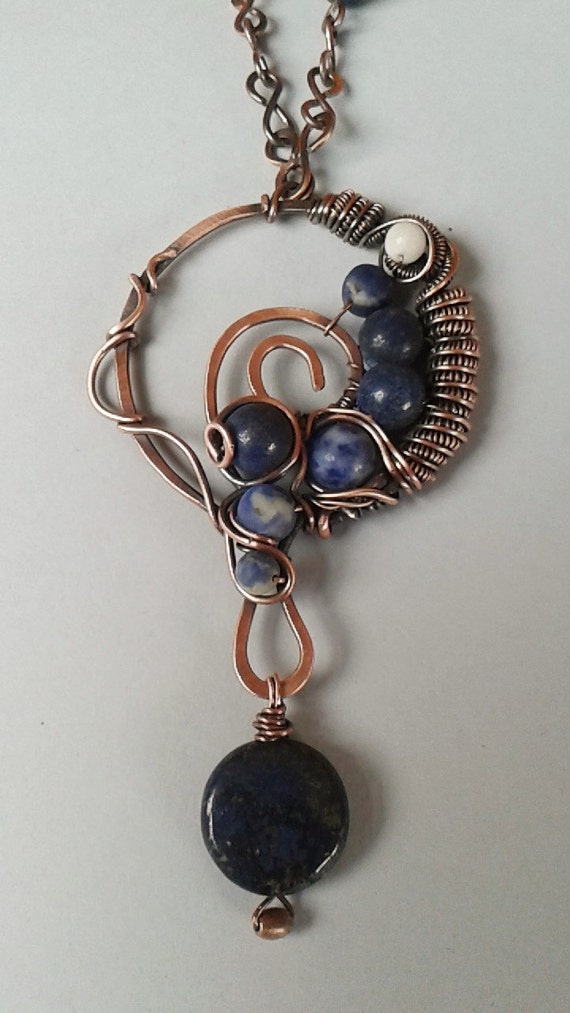 Copper wire wrapped pendant necklace with natural blue