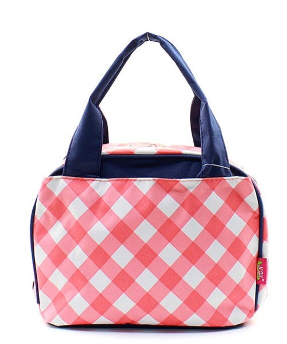 Checkered Print Monogrammed Lunch Box Coral and White with