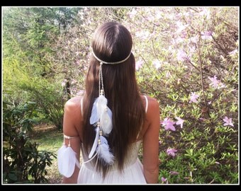 White, Feather, HeadBand, wedding, bridal , boho , wedding, veil, hippie, bohemian, bride, peacock, braided, gypsy