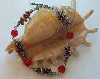 Red glass bead and Spiraled Wire Bracelet, Sterling Silver clasp, OOAK, Mother's Day gifts, Christmas gifts, gifts for women, gifts under 50