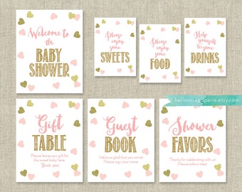 Pink and Gold Baby Shower Signs Package Bundle 7 Table Signs . Pink and Gold Glitter Hearts . Printable Instant Download . Baby Girl Shower