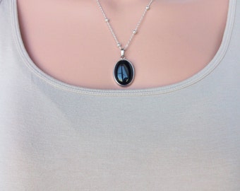 Black Onyx Pendant on Silver Chain Oval Black Onyx Necklace Simple Genuine Black Onyx Necklace Different Black Onyx Gemstone Necklace N0764