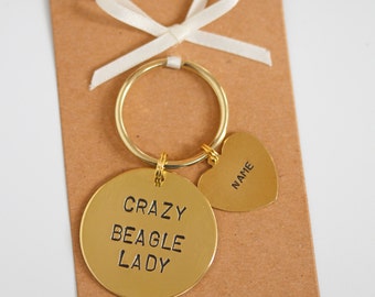 Crazy Beagle Lady Hand stamped Keyring, Personalised with dogs name(s)