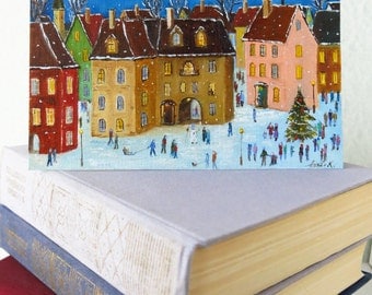 Winter city scene Christmas card New Years cards hand painted Handmade Christmas card Whimsical art Snow scene Colorful Christmas art
