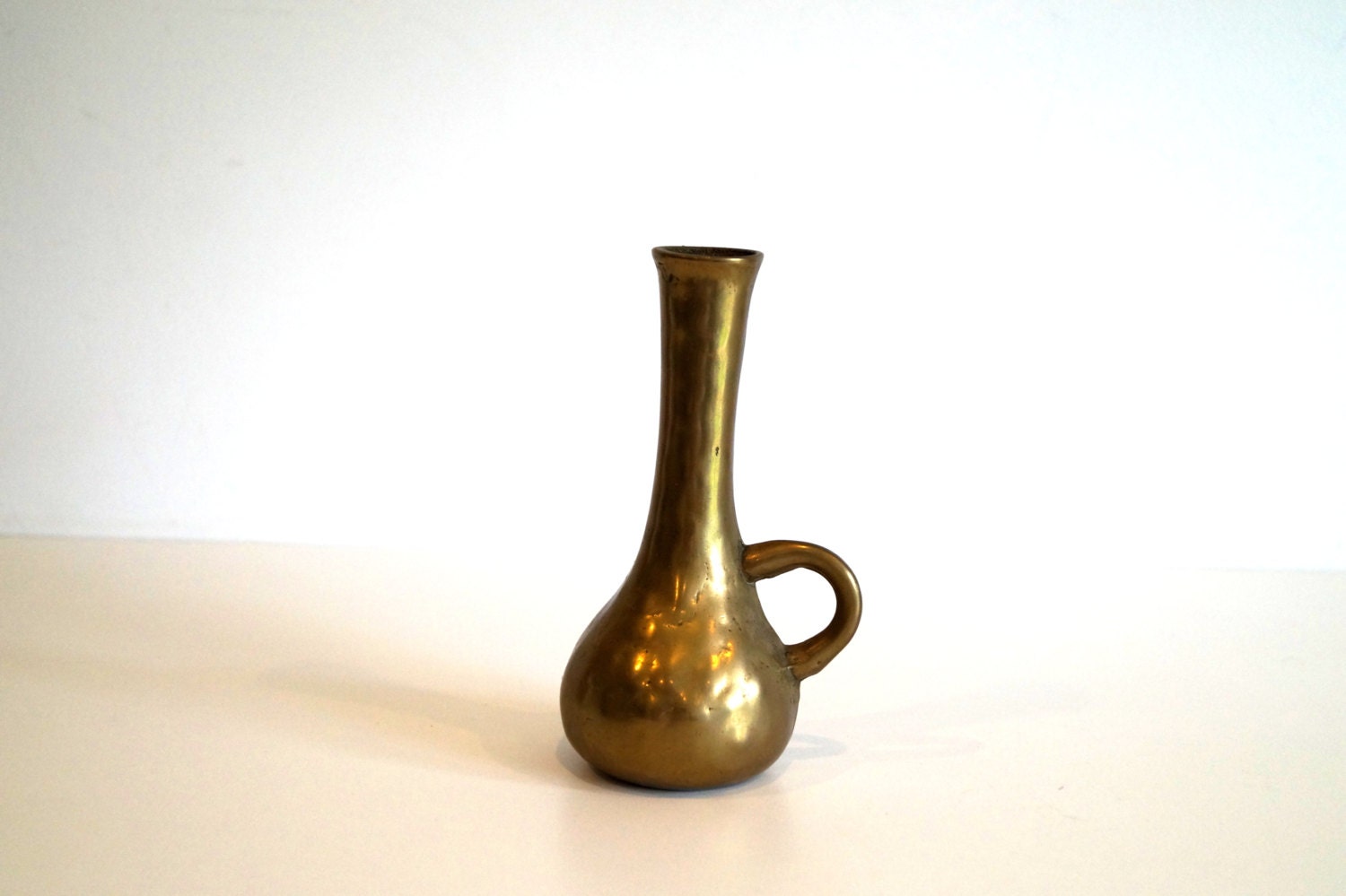 Solid Brass Vase. Heavy Handmade One Ring Handle. Golden vase.