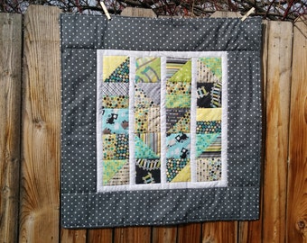 Choo-Choo Train Baby Boy Quilt Blanket 31" x 32" - Gray, Green, Blue, Yellow - Locomotive, Tracks, Polka Dots, Caboose