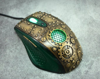 Steampunk green computer mouse. Armorhamster - unique modding mouse for PC. MADE to ORDER!