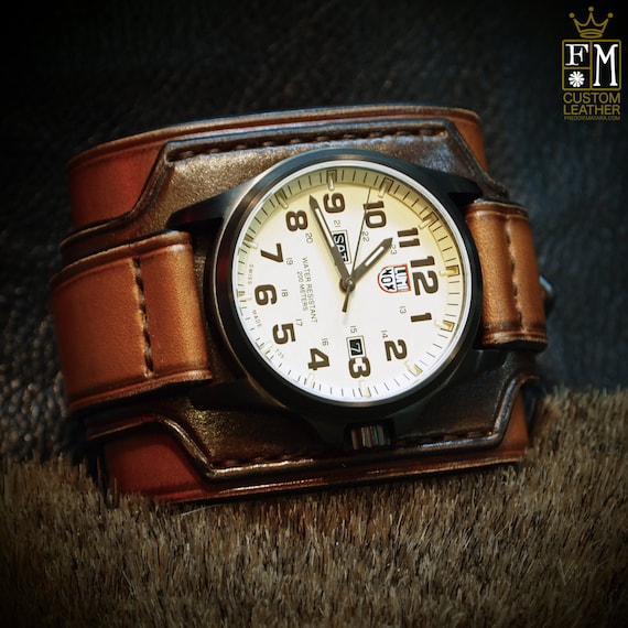 Leather cuff watch LUMINOX Vintage Brown 2 tone Wide layered Style; Refined quality Wristwatch Handmade for YOU in NYC by Freddie Matara!