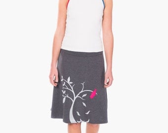Lovely Design Skirt, Gray knit skirt, Summer skirt, Women's gray A-line knee length applique skirt - The bird and the falling leaves