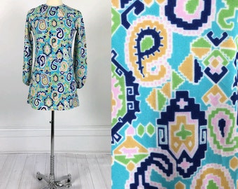 Vintage 60s 70s Mod Psychedelic PIXEL & PAISLEY Boho Hippie Dress mini shift go-go twiggy multicolor tunic 1960s 1970s S M