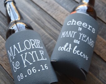 Fall Wedding Favors - Cheers to Many Years and Cold Beers Personalized Can Coolers, Destination Wedding Favors for Guests, Stubby Holders