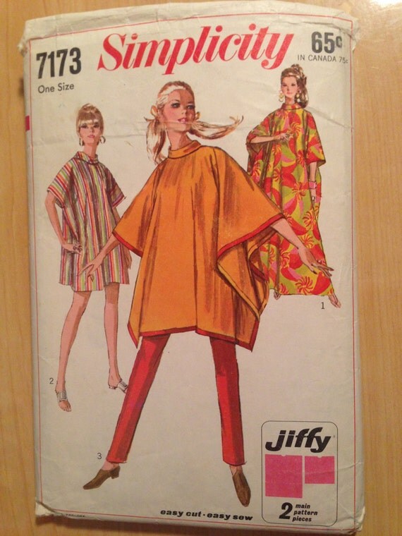 Simplicity 7173 Sewing Pattern 1960s Misses Jiffy Poncho or Burnoose One Size
