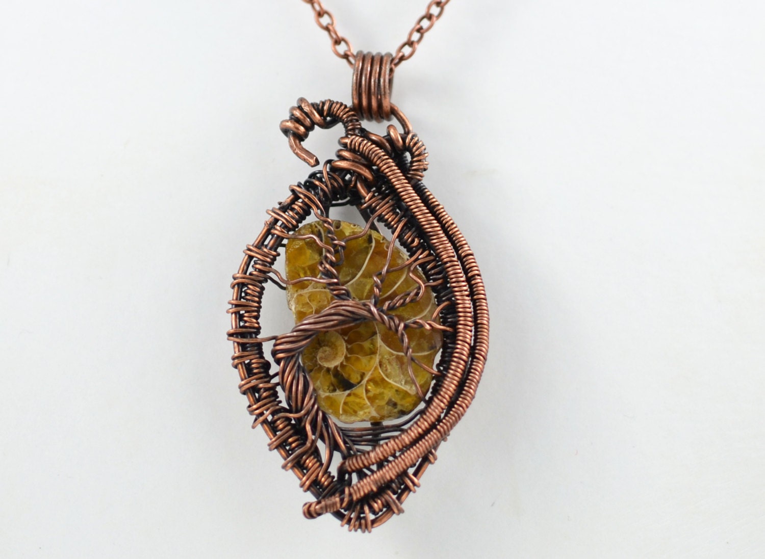 Ammonite Fossil TreeOfLife Pendant Wired Copper Necklace