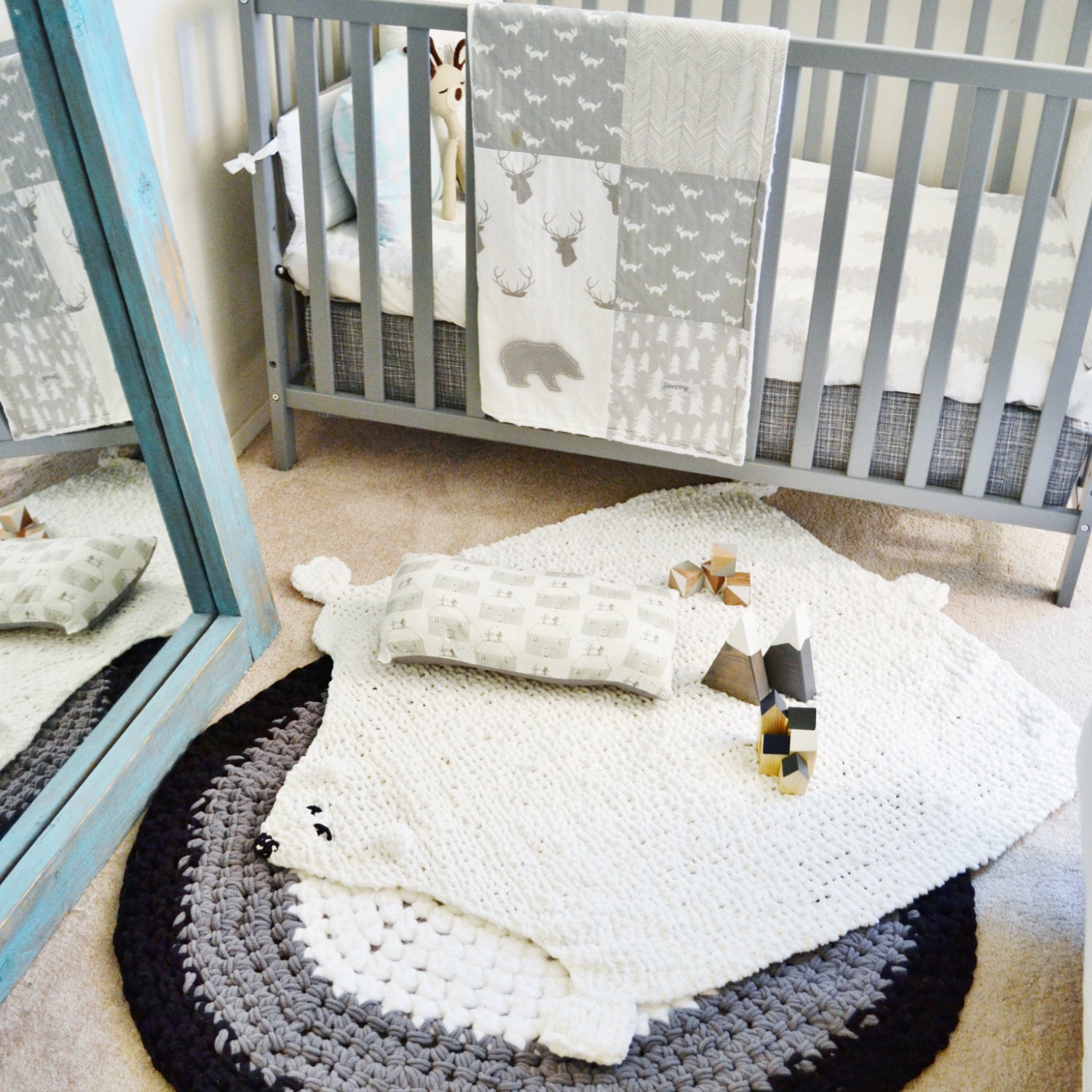 White or Gray Nursery Bear Rug by SleepingLakeDesigns on Etsy