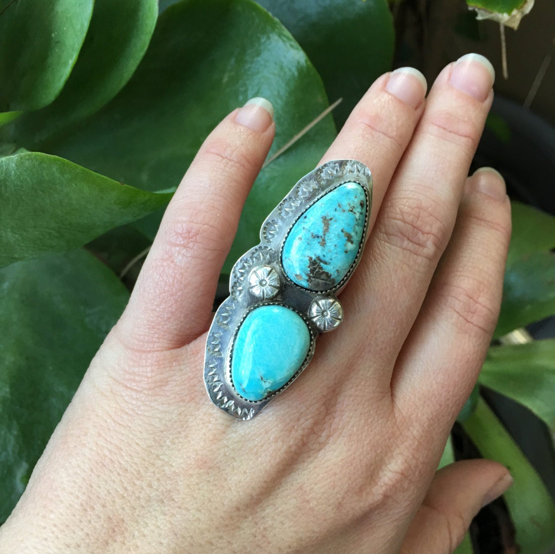 SALE - LONG Double Campitos Turquoise Sterling Silver Women's Ring ...