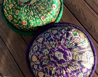 Brocade Meditation Zafu Floor Cushion. Pouf Style. Kapok Stuffed Firm. 18 x 8 in. , Kelly Green, Black or Brown.