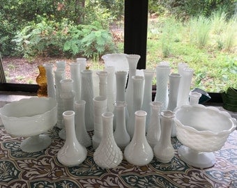 WEDDING | 32 pc Milk Glass Centerpiece and Bud Vase Lot | Includes Three Bouquet Vases and Two Compotes | Mixed Sizes, Patterns, and Makers