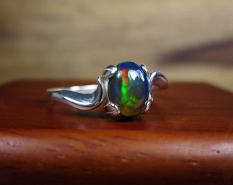 Gift for Mom, Black Opal Ring, Natural Black Opal, Dark Opal Ring, Black Gemstone Ring, Sterling Ring, Black Stone Jewelry, Promise Ring,