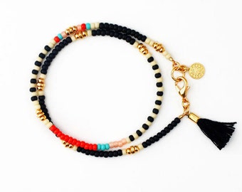 Black Beaded Bracelet, Tassel Friendship Bracelet, Beaded Wrap Bracelet, Charm Bracelet, Boho Jewelry, Gift for Her, Best Friend Gift