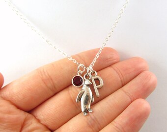 Penguin Necklace- choose a birthstone and initial, Penguin Jewelry, Penguin Gift, Personalized Penguin, Penguin Birthstone, Penguin Charm