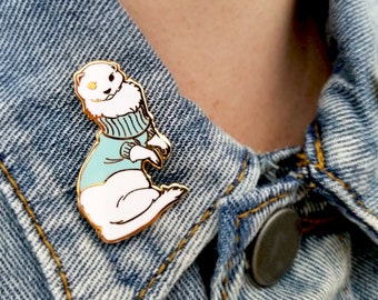 Ferret in Turtleneck Sweater Hard Enamel Pin - Blue, White, and Gold - Lapel Pin Cloisonné Badge