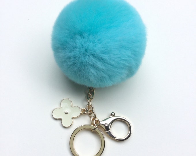 Aqua fur pom pom keychain REX Rabbit fur pom pom ball with flower bag charm