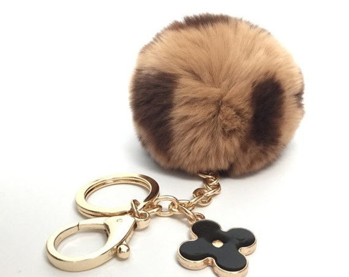 Instagram/ Blogger Recommended NEW Pom-Perfect Beige Brown pattern REX Rabbit fur pom pom ball with black flower keychain