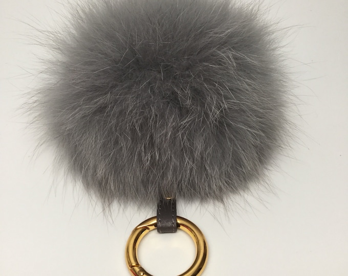 New FOX Fur Pom Pom bag charm keychain with real leather strapand buckle in Oxford Grey