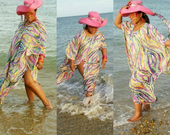 swim wear coverup, beach wear kaftan in multicolour print with chiffon fabric