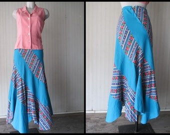Maxigonna turchese anni 70 con bande floreali/70s cotton turquoise maxiskirt/Flowery bands/Marmaid style/Gipsy skirt/Boho skirt/Size small