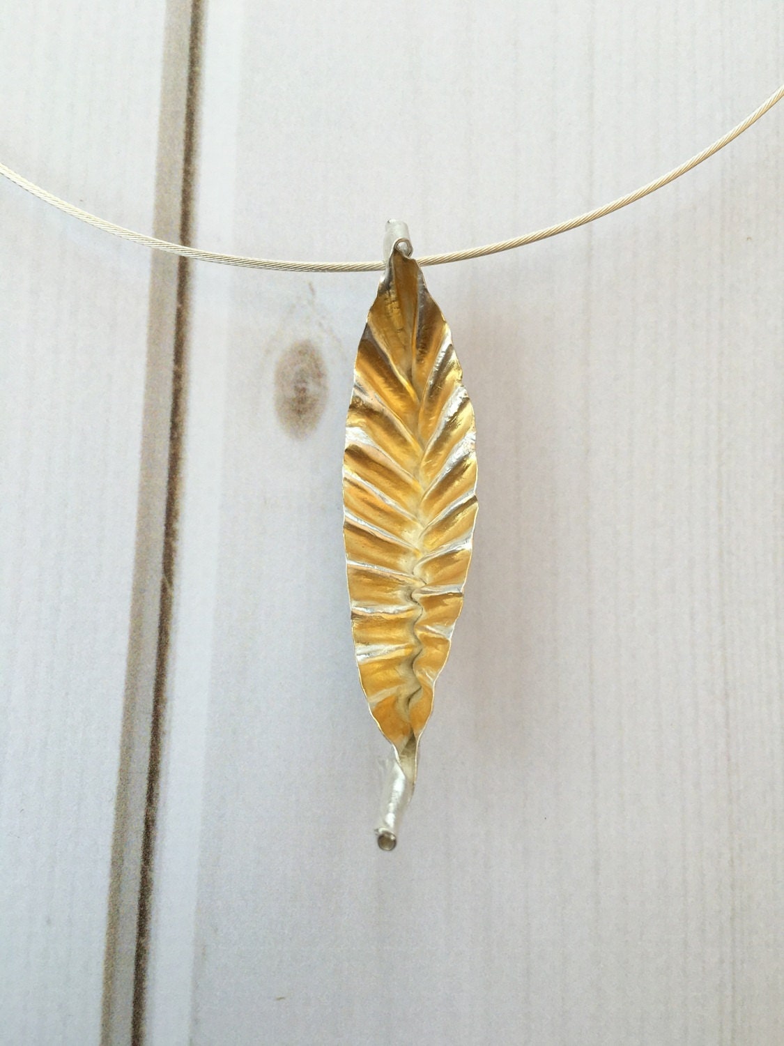 Silver Leaf Necklaceunusual Silver Gold Pendanttextured Leaf 1593