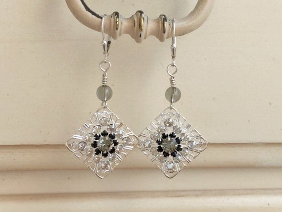 Black & White Crystal Filigree Tile Earrings