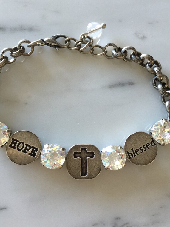 Blessed Bracelet with White Patina Crystals, in Antique Silver