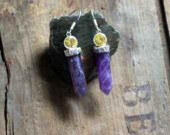 SALE ARCANA - amethyst terminated points hook earrings with canary yellow swarovski stones