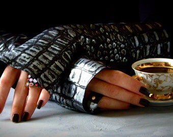 Long Black Silver Leather Gothic Fingerless Gloves Womens mittens Streetwear Night Accessories Evening Leather Arm Warmers Birthday Gift