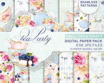 Tea Party Digital Paper Pack Watercolor Flowers Seamless Patterns Bridal Shower Blueberries Cake Peach Pink Blue Instant Download 6x6