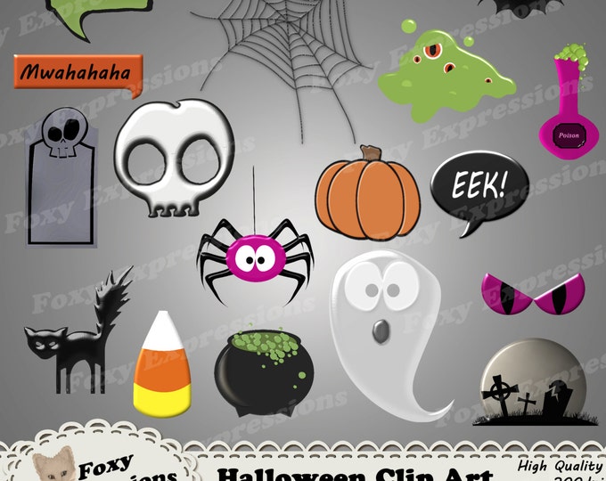 Halloween clip art pack comes with black cat, bat, skull, spider, candy corn, grave yard, word bubbles, tombstone, blob, cauldron, and more