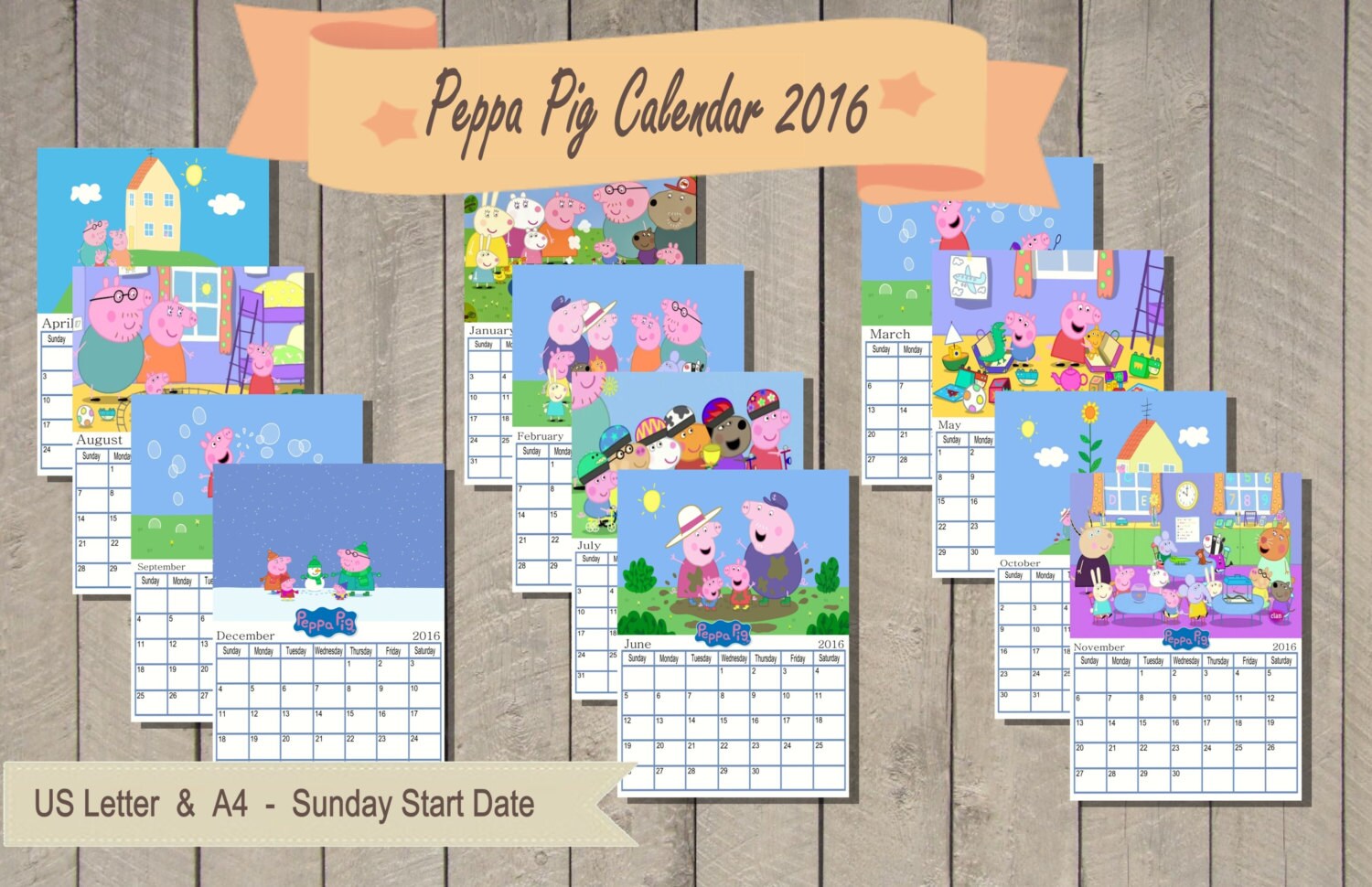 Peppa Pig Calendar. Monthly 2016. by ennergisShop on Etsy