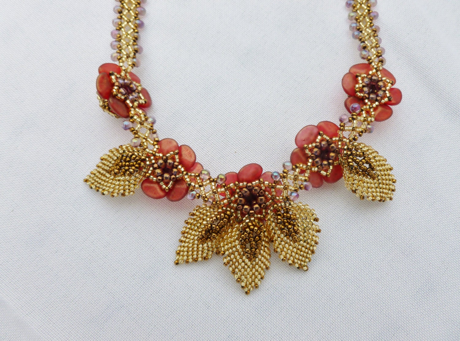 Golden Autumn beaded necklace Flower beaded necklace Red