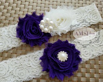 Wedding Garter Set, Purple garter Set,Garter Belt,Grape Garters,Ivory garters,Toss Lace Garter,Purple Wedding,Grape wedding,Ivory and Purple