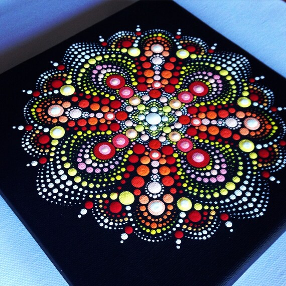 Original Dotart Red Mandala Painting on Black Canvas