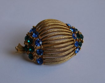 Lisner Brooch Gold Tone Wire, Green and Blue Rhinestones
