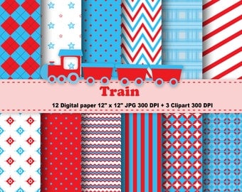 Train Digital Paper, Train Clipart, Transportation, Polka Dot, Chevron, Stripe, Red, Blue, Background, Pattern, Clipart, Commercial Use.