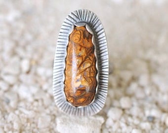 SALE! Boulder Opal ring . stamped sterling and fine silver opal ring . handmade ooak jewelry