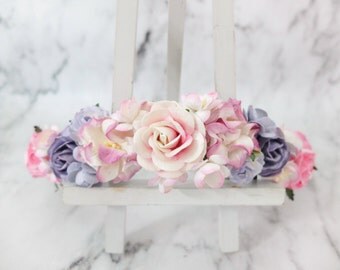 Pink and lavender flower crown - boho floral hair wreath - headpiece - wedding hair accessories - flower girl