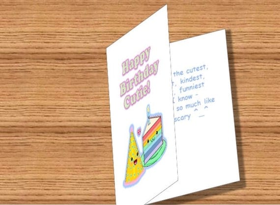 Birthday card, Kawaii cake & hat, printable instant download