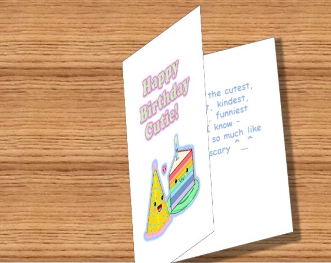 Birthday card, Kawaii cake & hat, printable instant download