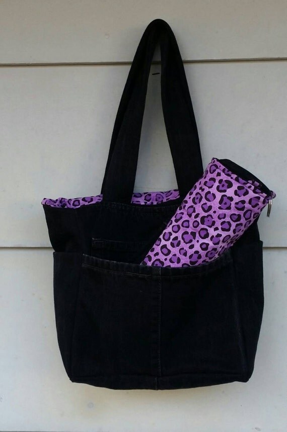 Purple Cheetah & Black Denim Girls Diaper Bag with Changing
